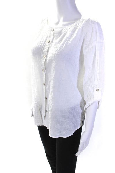 Eileen Fisher Womens Button Front Half Sleeve Scoop Neck Shirt White Size Small