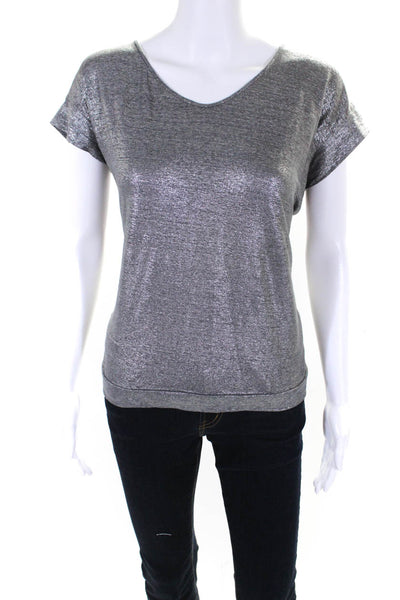 Eileen Fisher Womens Metallic Jersey Linen Scoop Neck Tee T-Shirt Gray Size PP