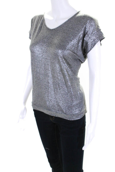 Eileen Fisher Womens Metallic Jersey Linen Scoop Neck Tee T-Shirt Gray Size PP
