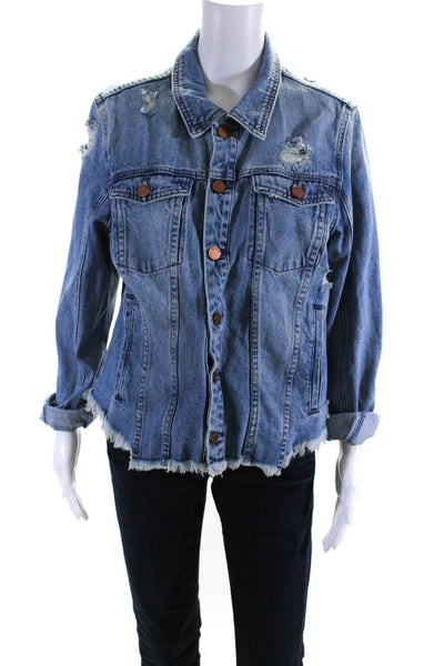BLANKNYC Womens Distress Long Sleeves Medium Wash Button Down Jean Jacket Size L