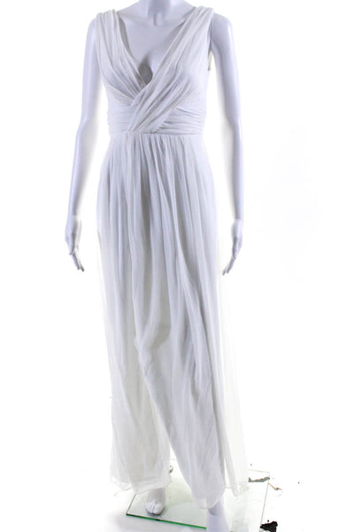 Dessy Collection Womens Pleated V Neck Sleeveless Slit Gown Dress White Size 0