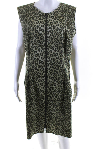 Lafayette 148 New York Womens Leopard Print Front Zip Sheath Dress Green Size 16