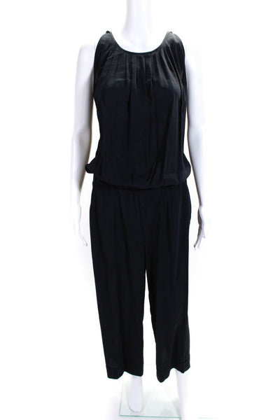 European Culture Womens Wide Leg Cropped Pleated Jumpsuit Navy Size Small