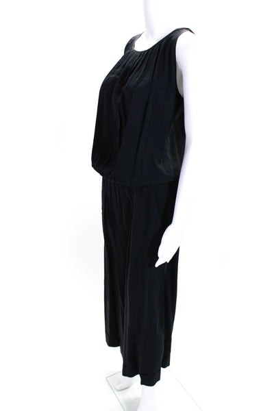 European Culture Womens Wide Leg Cropped Pleated Jumpsuit Navy Size Small