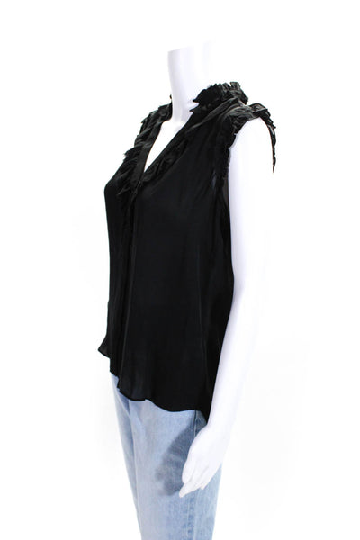 Go Silk Womens V Neck Ruffle Sleeveless Snap Top Blouse Black Silk Size Small