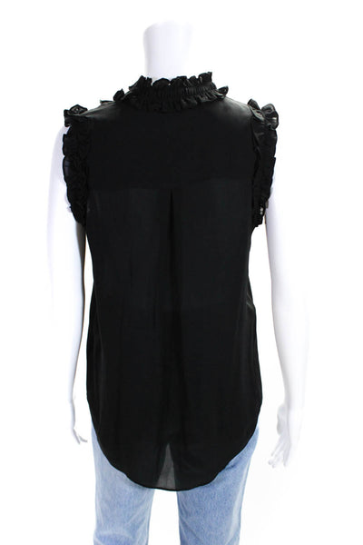 Go Silk Womens V Neck Ruffle Sleeveless Snap Top Blouse Black Silk Size Small