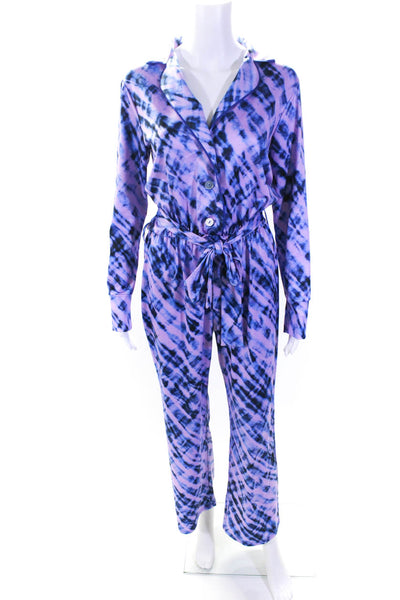 Terez Womens Tie Dyed Collared Buttoned Long Sleeved Jumpsuit Blue Pink Size S