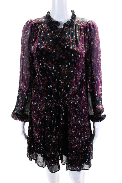 Paige Womens Silk Chiffon Floral Two Tone Button Up A-Line Dress Purple Size S
