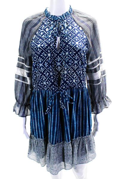 Hemant & Nandita Womens Chiffon Striped Printed V-Neck A-Line Dress Blue Size S