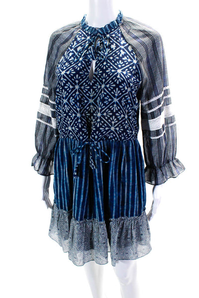 Hemant & Nandita Womens Chiffon Striped Printed V-Neck A-Line Dress Blue Size S