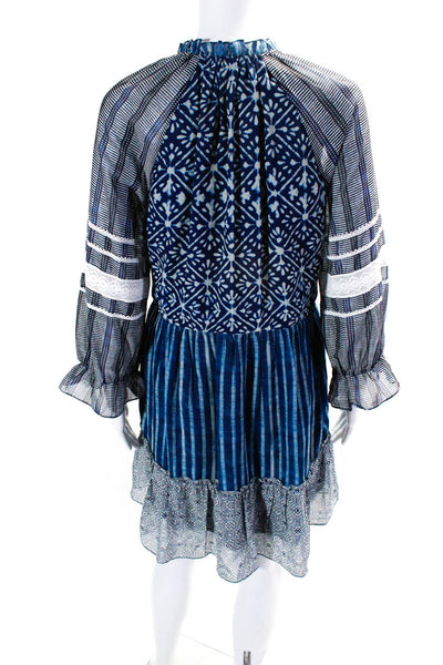 Hemant & Nandita Womens Chiffon Striped Printed V-Neck A-Line Dress Blue Size S