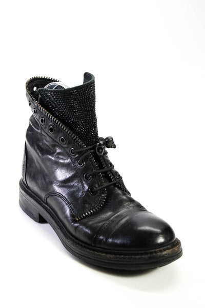 The Shoe Box Womens Leather Studded Tongue Cap Toe Combat Boots Black Size 6US