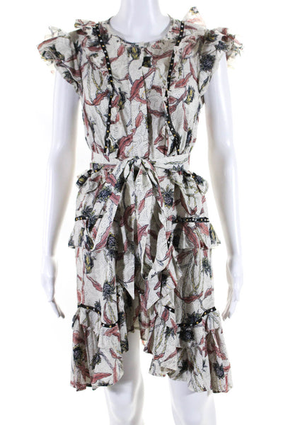 Isabel Marant Womens Cotton Floral Studded Ruffle Hem Dress Beige Size EUR34