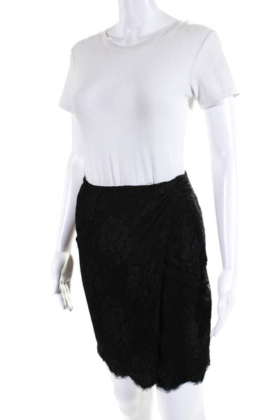 Designer Womens Floral Lace Pleated Slit Short Zippered Wrap Skirt Black Size 4