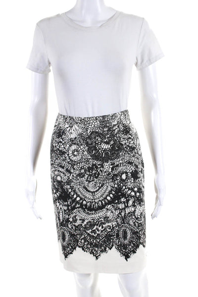 Prada Womens Lace Print Knee Length Slit Pencil Skirt White Dark Gray Size 38