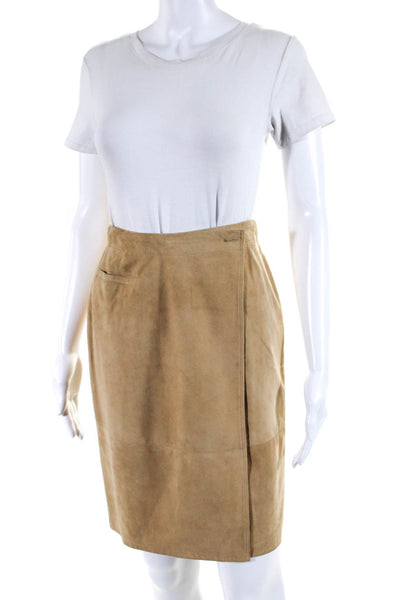 Calvin Klein Womens Suede Buttoned Waist Knee Length Wrap Skirt Tan Brown Size 4