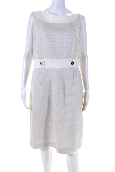 Tahari Womens Satin Trim Sleeveless Tweed Round Neck Sheath Dress White Size 14