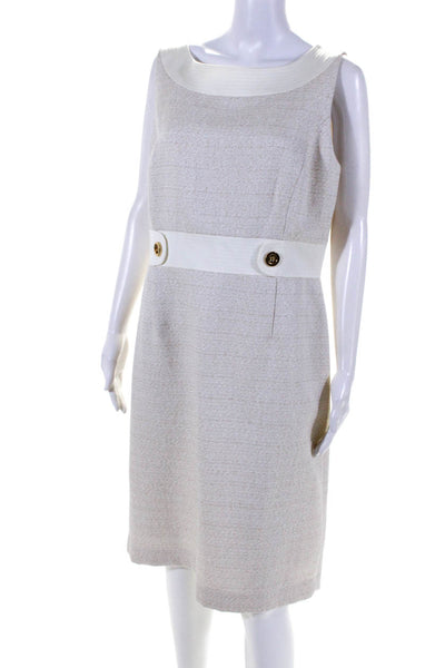 Tahari Womens Satin Trim Sleeveless Tweed Round Neck Sheath Dress White Size 14