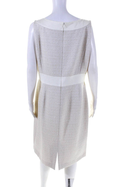 Tahari Womens Satin Trim Sleeveless Tweed Round Neck Sheath Dress White Size 14