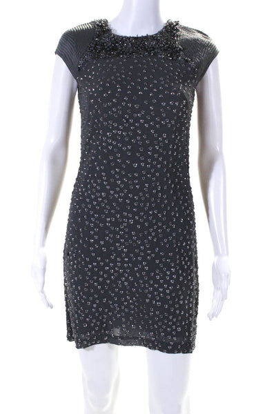 French Connection Womens Satin Cap Sleeve Embellished Shift Dress Gray Size 2