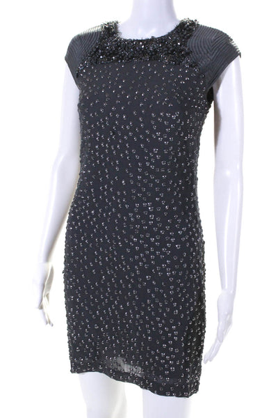 French Connection Womens Satin Cap Sleeve Embellished Shift Dress Gray Size 2