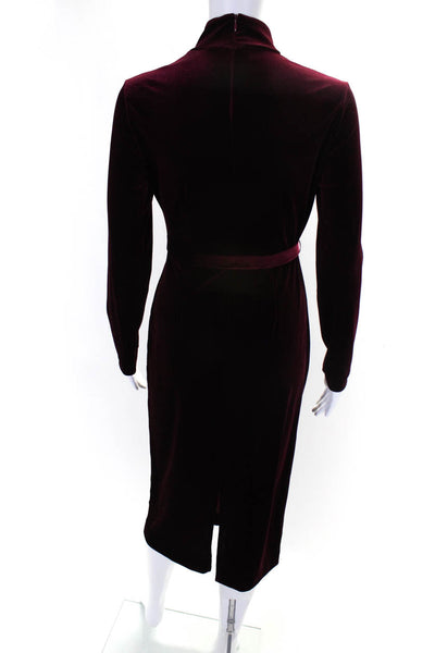 LDT Womens Velvet Long Sleeve Mock Neck Mid-Calf Sheath Dress Burgundy Size 2