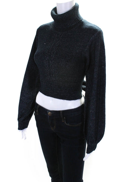 Toccin Womens Cable Knit Long Sleeve Wrap Around Turtleneck Sweater Blue Size XS