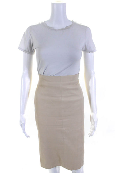 Brunello Cucinelli Womens Cream Leather Lined Midi Pencil Skirt Size 6
