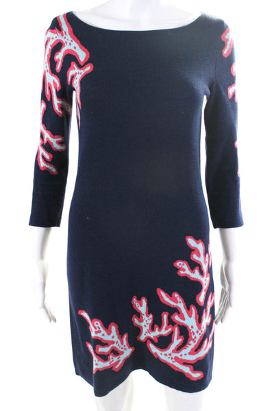 Lily Pulitzer Womens Navy Printed Boat Neck Long Sleeve Sweater Dress Size XS