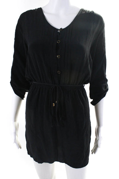 Yumi Kim Womens Black Silk V-Neck Tie Waist 3/4 Sleeve Shift Dress Size XS