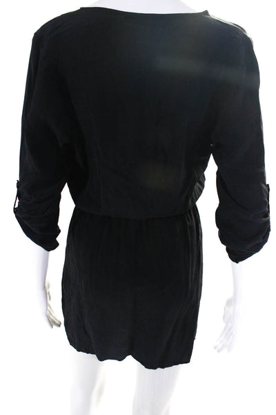 Yumi Kim Womens Black Silk V-Neck Tie Waist 3/4 Sleeve Shift Dress Size XS