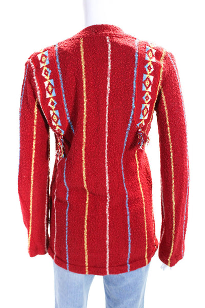 Raquel Allegra Women's Cotton Bell Sleeve Button Up Striped Cardigan Red Size 0