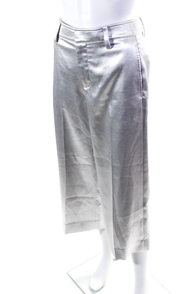Vince Womens Zipper Fly Pleated Wide Leg Satin Cropped Pants Silver Size 2