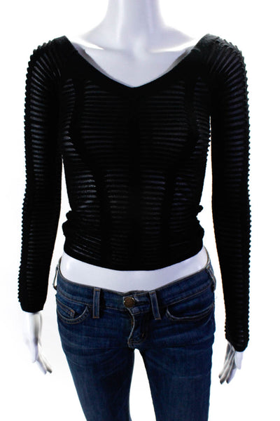 NBD Womens Sheer Striped Textured V-Neck Long Sleeve Pullover Top Black Size XS