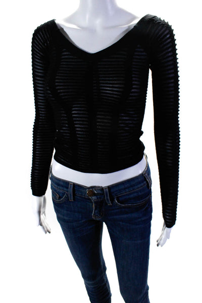 NBD Womens Sheer Striped Textured V-Neck Long Sleeve Pullover Top Black Size XS
