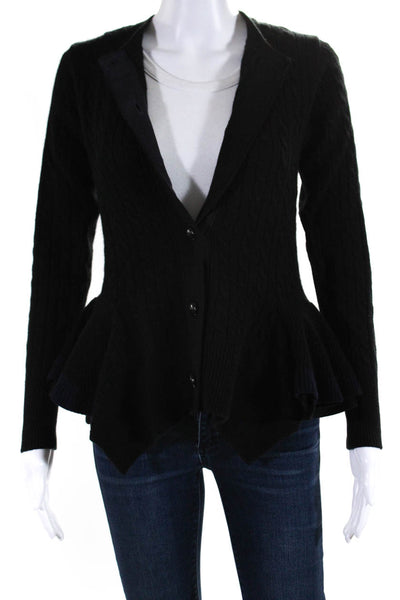 Sacai Luck Womens Cable Knit Peplum Cardigan Sweater Black Wool Size 2