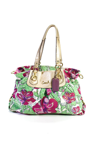 Coach Women's Canvas Floral Print Leather Trim Shoulder Bag Multicolor Size M