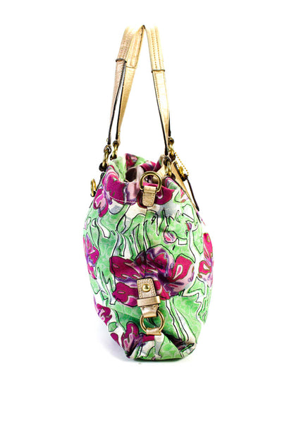 Coach Women's Canvas Floral Print Leather Trim Shoulder Bag Multicolor Size M