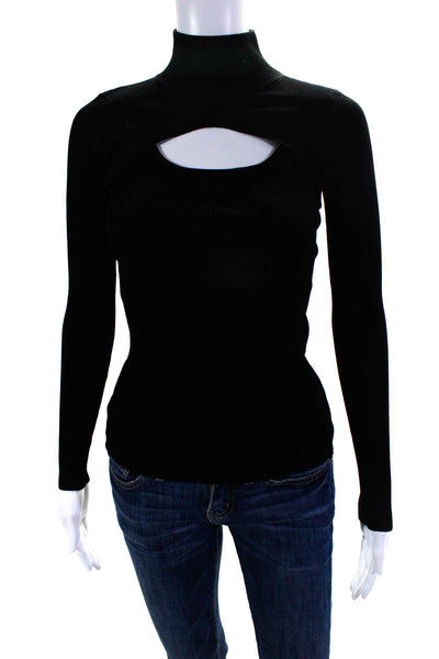 EIie Tahari Womens Ribbed Knit Mock Neck Long Sleeve Cutout Blouse Black Size XS