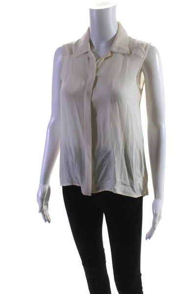 Theory Womens Silk Crepe Collared Sleeveless Button Up Blouse Top Ivory Size S