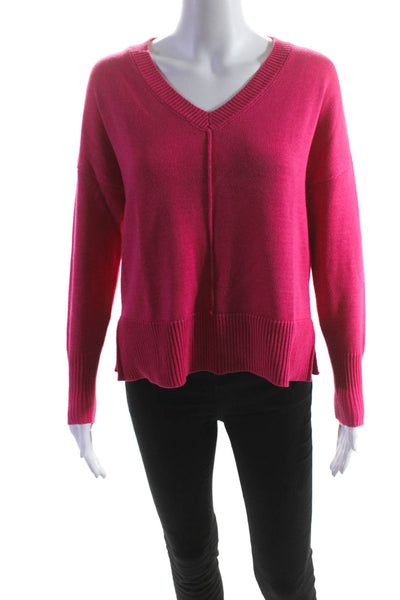 Tahari Womens Cotton Knit V-Neck Long Sleeve Pullover Sweater Top Pink Size XS