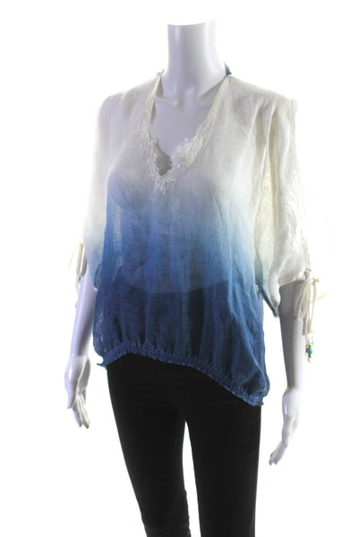 Vanita Rosa Womens Ombre Print Half Sleeve V-Neck Blouse Top White Blue Size S