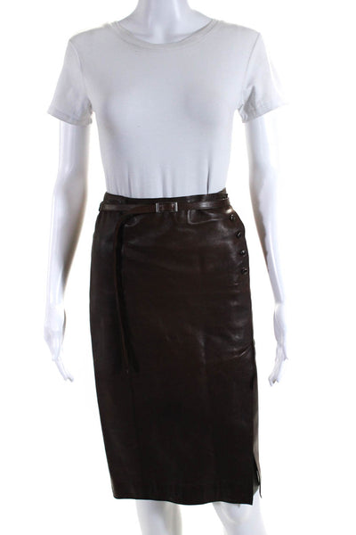 Hermes Womens Leather Button Up Belted Knee Length Pencil Skirt Brown Size 40