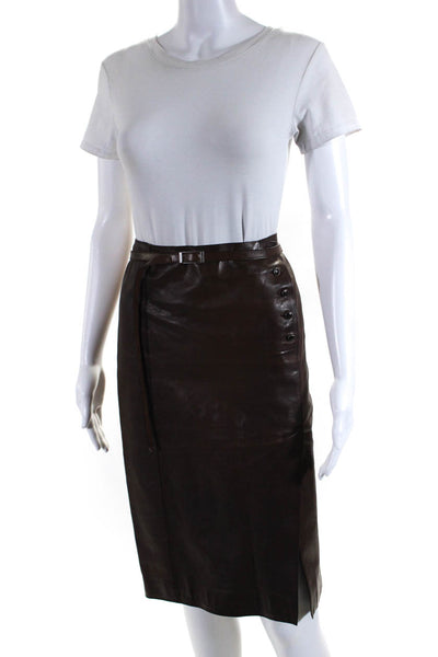 Hermes Womens Leather Button Up Belted Knee Length Pencil Skirt Brown Size 40