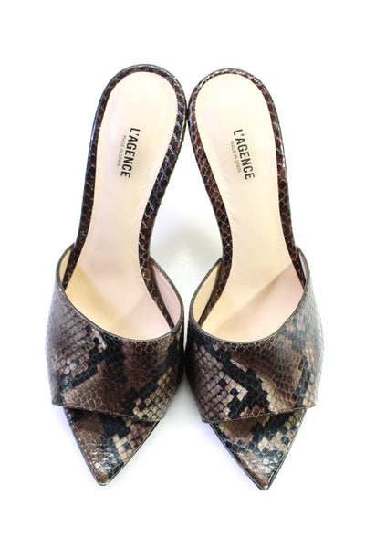 L'Agence Women's Pointed Toe Slip-On Snake Print Stiletto Sandals Brown Size 7.5