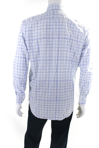 Etross Men's Collar Long Sleeves Button Down Blue Plaid Shirt Size M