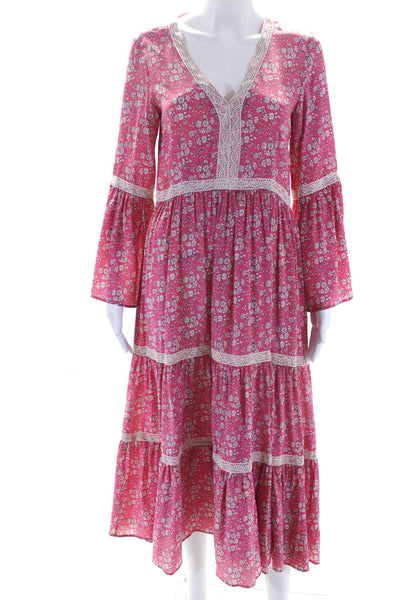 Really Wild Womens Silk Floral Print V-Neck Bell Long Sleeve Dress Pink Size 8