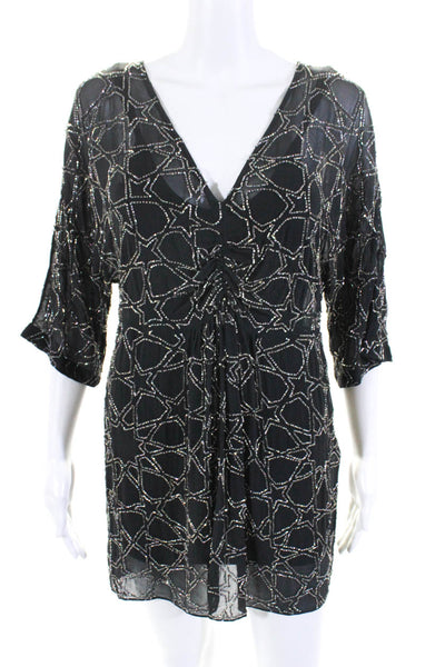 Needle & Thread Womens Silk Beaded Short Sleeves V Neck Mini Dress Gray Size 4