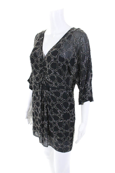 Needle & Thread Womens Silk Beaded Short Sleeves V Neck Mini Dress Gray Size 4