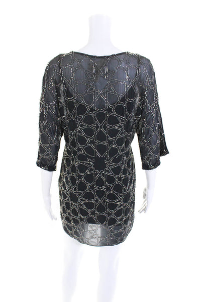 Needle & Thread Womens Silk Beaded Short Sleeves V Neck Mini Dress Gray Size 4